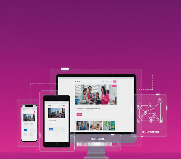 Responsive website design demonstration across a desktop monitor, tablet, and smartphone for a community-focused organization. The graphic highlights SEO Optimized and Fast Loading features.