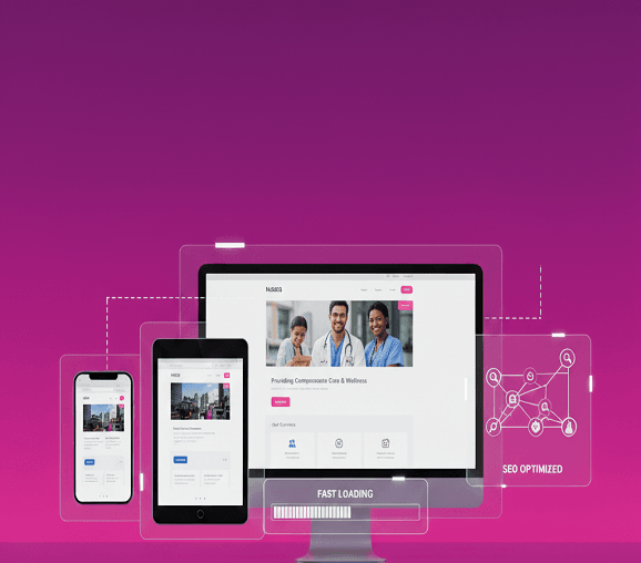 Responsive website design mockups on a desktop monitor, tablet, and smartphone showing a medical/wellness website. SEO Optimized and Fast Loading features are highlighted with graphical overlays.