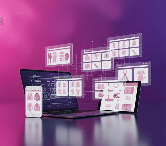 E-commerce website design visualization showing multiple overlaid, semi-transparent product gallery windows for clothing and accessories, displayed across a laptop, tablet, and smartphone.