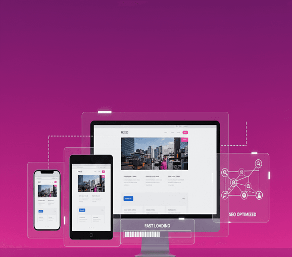 Responsive website design mockups on a desktop monitor, tablet, and smartphone showing a modern urban/city website. The graphic highlights Fast Loading and SEO Optimized features.