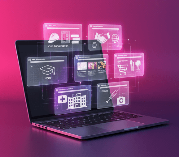 Laptop displaying a concept of website development with floating, semi-transparent windows illustrating various industry specializations, including E-commerce, NGO, Civil Construction, Corporate/Business, and Healthcare.